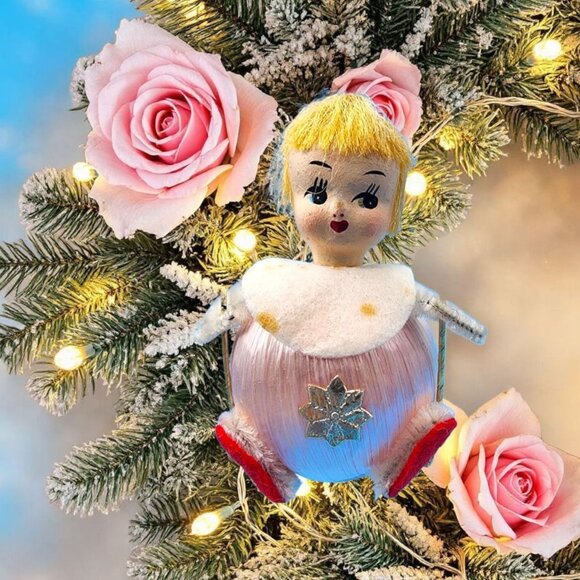 Unbranded Other - Vintage 1960s Satin Ball Angel Ornament Foil Wings Spun Cotton Composite Face v4